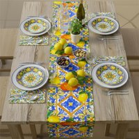 1pc Sicily inspired maiolica lemon Linen Table Runner, Winter Holiday Decor,Contemporary Tablecloth