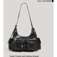 Cool Motorcycle Style PU Leather Women's Shoulder Bag Simple Solid Color Ladies Messenger Bag Multiple Pockets Female Armpit Bag