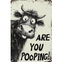 Funny Highland Cow ;Are You Pooping?; Tin Sign – Vintage Metal Wall Décor, Humorous Bathroom ; Farmhouse Rustic Art for In