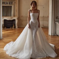 Julia Kui Custom Made Shiny Lace 2 In 1 Mermaid Wedding Dresses Beading Pearls Boat Neck 2 In 1 Bridal Gown With Cape and Train