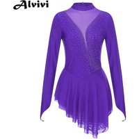 Women Figure Ice Skating Gymnastics Leotard Dress Lyrical Dance Ballet Costume Long Sleeve Shiny Rhinestone Sheer Mesh Dancewear