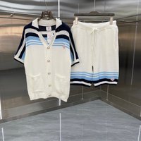 New Men's Knitted Hollow out Sweater Set Beach Vacation Style Blue Short Sleeve Short Pants Summer Fashion Teenager