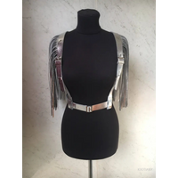 Short Music Festival Shiny Silver Tassel Belt Fashion Women Cosplay Stage Performance Glitter Pu Bondage Vest Cape Accessories