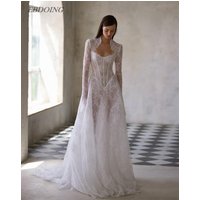 EBDOING Customized Wedding Dress A-Line Lace Boat Neck Neckline Basque With Detachable Full Sleeves Customized Bride Gowns