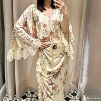 Women 100% Silk Floral Print Lace Spliced Set V Neck Flare Sleeve Top + Asymmetrical Hem High Waist Long Skirt Elegant Suit
