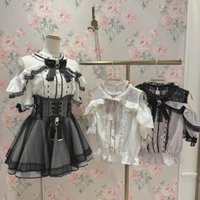 Sweet Lolita Kawaii Off Shoulder Ruffle Sleeve Lace Bow Color Block Lolita Blouse Women Girls Cosplay Daily Wear Tea Party Tops