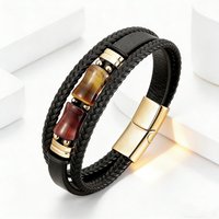 Men's Bracelet Natural Tiger Eye Stone Bracelet Braided Leather Stainless Steel Magnetic Clasp Bamboo Beads Jewelry Gift for Him