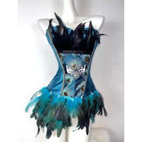 Handmade Blue-green Peacock Gothic Dark Strap Drawstring Feather Corset Affordable Waist Binding Strapless Top