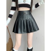 Brown Black Winter Mini Leather Skirt Women Fashion Streetwear High Waist Skater Pleated Skirts With Shorts A-line Jupe Plissée