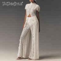 TWOTWINSTYLE White Spliced Lace Two Piece Set Female O Neck Short Sleeve Top French Elegant Women's Trousers Sets Fashion New