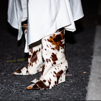 Pointy Toe Long-Haired Wedges Mid-Calf Boots Mixed Color Cross Belt Buckle Sexy Women Spring Fashion Short Booties Rubber Sole