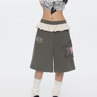 HOUZHOU Gray Letter Graphic Women Pants Y2k Vintage Cutecore Polka Dots Japanese Fashion Ruffles Capris Sweet Straight Baggy