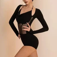Women Latin Dance Clothing Black Gauze Long Sleeve Bodysuit Jumpsuit Ballroom Jazz Pole Dance Inner Lap Inside Wear Performance
