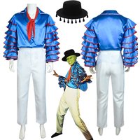 Jim Carrey Cosplay Costume Movie The Mask Blue Dance Suit Hat Full Set Halloween Party Performance Uniform Role Play Adult Men