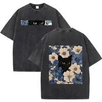 Retro Black Cat In Flowers T Shirt Men Women Casual Washed Cotton Short Sleeve