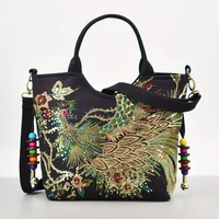 Vintage Ethnic Peacock Sequins Embroidered Canvas Handbag for Women Boho Style Top Handle Tote Bag Casual Shoulder Crossbody Bag