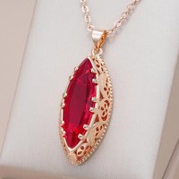 New Rose Golden Color Ethnic Bride Pendant Necklace Vintage Jewelry Big Rhombus Synthetic Red Gemstone Hollow Pendant for Women