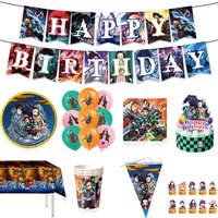 Demon Slayer Birthday Decorations Kimetsu No Yaiba Themed Anime Balloons Cake Toppers Keychains Kids Birthday Gifts Baby Shower