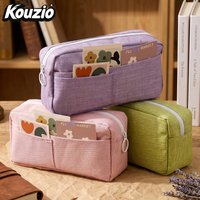 Large Capacity Canvas Pencil Case with Front Pocket, Zipper Pen Pouch Organizer for Office Travel - KOUZIO
