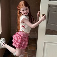 Girls Plaid Skirt Pants 2025 Summer New Girls Versatile Plaid Skirt Bow Ruffled Cake Skirt Children Clothing