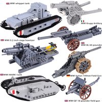 MOC WW1 British Cannon Building Blocks WW2 US Battlefield Kitchen Italian Tank Italian 149mm Field Gun Siege Howitzer Bricks Toy