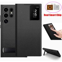 Carbon Fiber Leather Cases For Samsung Galaxy S24 S23 Ultra Window View Smart Cover Flip-free Answer Calls Intelligent Display