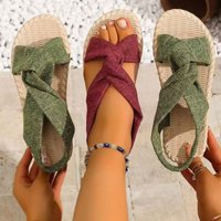 2026 Summer New Women's Bohemian Style Sandals Comfortable Linen Cross-Tie Beach Lightweight Grass Sole Casual Flat Sandals