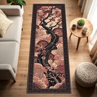 Japanese Style Blossom Tree Runner Rug Vintage Floral Wave Print Non Slip Area Rug for Living Room Bedroom Hallway Home Decor