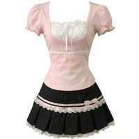 Summer Cute Sweet Girl's Two-Piece Set Pink Slimming Sweet Style Short Sleeve Stripe Splicing Skirt Bubble Sleeve Butter...