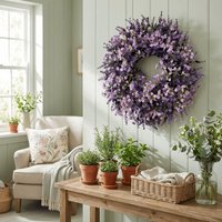 Lifelike Artificial Lavender Wreath Vivid Colors Fresh Fake Flower Wreath Handmade Plastic Lavender Floral Wreath Porch Window