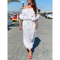 Solid Color Off Shoulder Jumpsuit, Casual Puff Sleeve Cinched Waist Jumpsuit For Spring & Fall, Women's Clothing