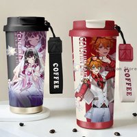 Cute Genshin Impact Columbina Tartaglia Anime Thermos Cup Stainless Steel Straw Double Drink Large Capacity Coffee Cup Gift