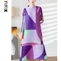 YUDX Miyake Pleated Print Dress For Women Medium Long Stand Collar Niche Design Loose Pullover A Line Female Spring New 2024