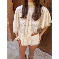 Women's Elegant Boho Lace Two-piece Set Casual High Neck Cape Blouse Cozy Lace Shorts Co-ord 2026 New Summer Commuting Outfits