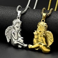 Christian Cherub Angel Wing Pendant Necklaces for Women Men Stainless Steel Gold Silver Color Vintage Amulet Chain Jewelry Gift