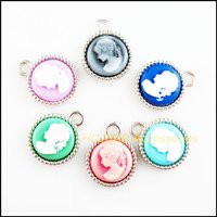 12Pcs Tibetan Silver Plated Retro Round Beauty Mixed Resin Charms Pendants 15.5x19mm