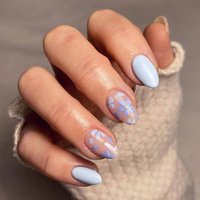 Elevate Your Style with , 24Pcs short oval baby blue floral with glitter tip Press on nails , Macaron candy color full fit Acryl