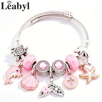 Boho Pink Enamel Mermaid Shell Dolphin Bead Pendant Bracelet for Women Beach Gift Silver Color Marine Life Charm Onesize Jewelry