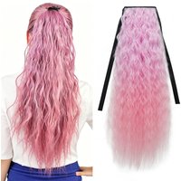 Long Synthetic Corn Wave Ponytail Extension Clip In Ombre Red Pink Color Curly Wavy Hair Extensions Tie Up Ponytail Hair Piece