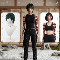 JJK Maki Zenin Cosplay Costume Wig Temporary Tattoo Sticker Tattoo Face & Full Arm Black Vest Waistband Pants Cloak Comic Con