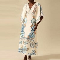 Summer Tropical Plant V-Neck Bohe Dress 2025 Women Elegant Half Sleeve Loose Party Dress Casual High Waist Swing A-line Dress