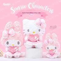 Sanrio Cute Heart Ribbon Plush Toy Characters Soft Fluffy Stuffed Doll Design Stuffed Animals for Girls Room Decor Birthday Gift