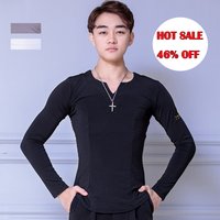 Latin Dance Shirts Men Crystal Cotton Long Sleeve V Neck Practice Tops Male Ballroom Cha Samba Dancing Clothes Dancewear DN9370