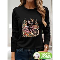 AliExpress Chao Lu Da Women's Casual Long Sleeve T-Shirt Black Bicycle & Butterfly Floral Print 100% Cotton Round Neck Top for Spring/Summer