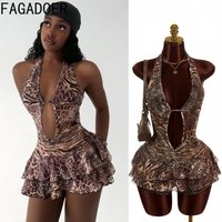 FAGADOER Spring New Sexy Leopard Print Patchwork Bodycon Dresses for Women Halter Deep V-neck Backless Dress Female Streetwear