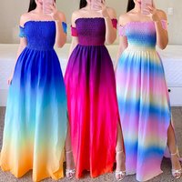 Women Fashion One Shoulder Printed Split Sweet and Elegant Butterfly Rainbow Long Dress lady dresses flower Solid colorful