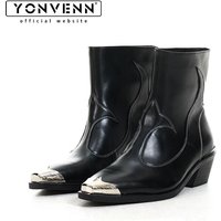 Punk style Chelsea boots with men's metal pointed design Western cowboy short leather boots niche height increasing shoes