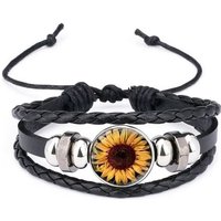 Sunflower Flower Braided Leather Bracelet Fashion Glass Snap Button Adjustable Bracelets For Women Girls