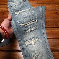 Ripped patch jeans for men, scraped and worn, summer slim fit, small feet, elastic, fashionable, nostalgic, retro long pants