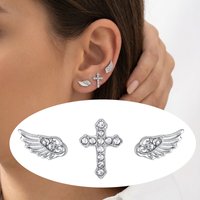 3Pcs Gothic Cross Angel Wings Stud Earrings Set Stack, Cubic Zirconia Silver Plated Punk Grunge Jewelry Multiple Piercing